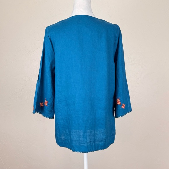 Johnny Was Messine V-Neck Top w/ Side Slits in Teal Floral Embroidered Linen S - Picture 5 of 15